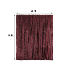 A Metallic Shimmer Tinsel Spandex burgundy curtain with measurements of 20 ft and 10 ft