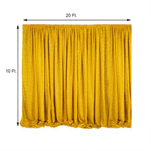 A gold Metallic Shimmer Tinsel Spandex curtain is 20 ft long and 10 ft wide, perfect for room divider and sparkle & sequin backdrops.