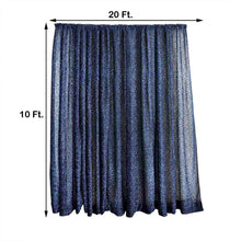 A Sparkle & Sequin Navy Blue Metallic Shimmer Tinsel Spandex Curtain with measurements of 20 ft and 10 ft