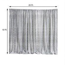 A silver Metallic Shimmer Tinsel Spandex curtain with measurements of 20 ft and 10 ft, perfect for room divider, sparkle & sequin backdrops