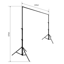 Metal tripod backdrop stands with measurements of 10ft x 10ft