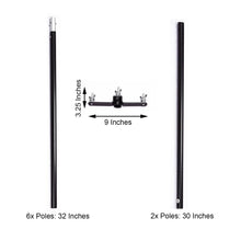 A picture of a metal black adjustable pole with measurements on it for backdrop stands