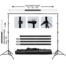 An adjustable length metal backdrop stand with a bag