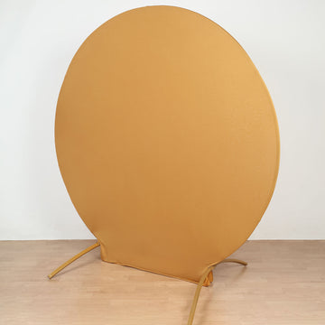 Create a Spectacle of Style with our Matte Gold Round Spandex Fit Wedding Backdrop Stand Cover