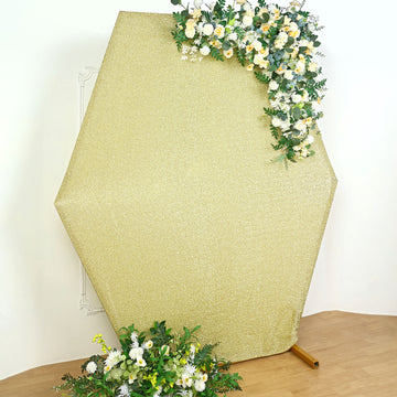Add a Touch of Elegance with the Champagne Metallic Shimmer Tinsel Spandex Hexagon Backdrop