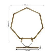 Rustic Wooden Heptagon Wedding Arch with measurements including 87 inches and 43 inches