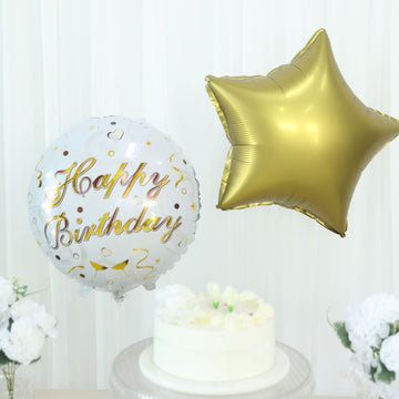 Elevate Your Birthday Party Decor with the White/Gold Round Happy Birthday Mylar Foil Balloon Set