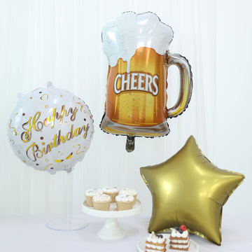 Add Fun and Flair to Your Birthday Party with the White/Gold Round Happy Birthday Mylar Foil Balloon Set