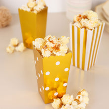 4 Inch White & Gold Paper Popcorn Favor Boxes in Stripe Polka Dot & Solid Designs Pack of 36