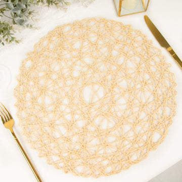 6 Pack Beige Woven Fiber Placemats, Round Table Mats 15"