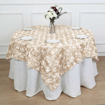 Beige 3D Rosette Satin Table Overlay, Square Tablecloth Topper 72"x72"