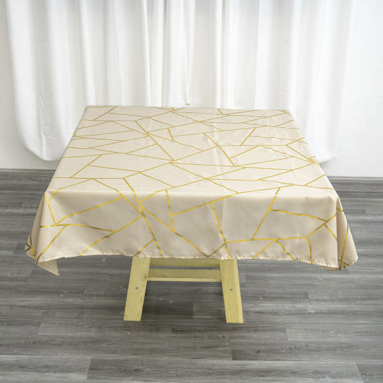 Beige Polyester Square Tablecloth With Gold Foil Geometric Pattern 54 Inch x 54 Inch 