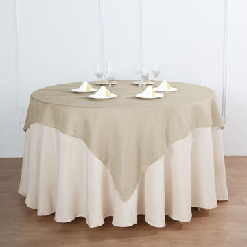 Beige Slubby Textured Linen Square Table Overlay, Wrinkle Resistant Polyester Tablecloth Topper 72"x72"