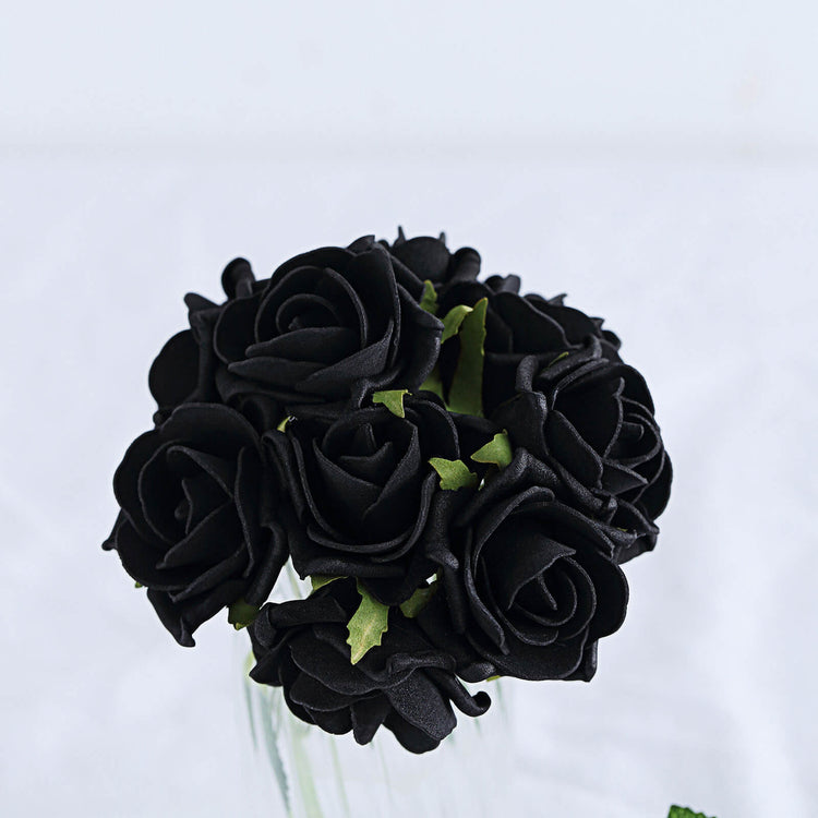 Artificial Black Foam Flowers with Flexible Stem and Leaves 2 Inch 24 Roses