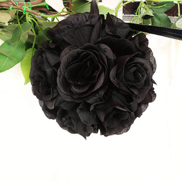 2 Pack Black Artificial Silk Rose Kissing Ball, Faux Flower Ball 7"