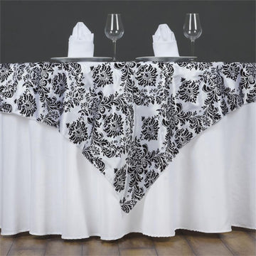 Add Elegance to Your Event with the Black Damask Flocking Square Table Overlay