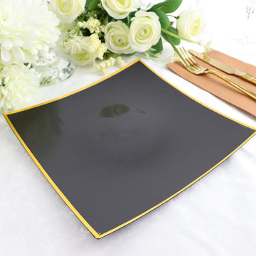 10 Pack Black / Gold Concave Modern Square Plastic Dinner Plates, Disposable Party Plates 10"