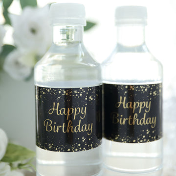 24 Pack Black/Gold Happy Birthday Party Water Bottle Labels, Waterproof Label Stickers