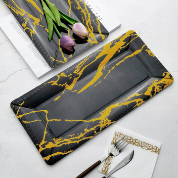 10 Pack Black/Gold Marble Heavy Duty Paper Serving Trays 1100 GSM 16"