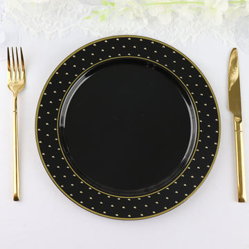 10 Pack Black / Gold 3D Round Plastic Dinner Plates, Disposable Party Serving Plates With 3D Polka Dotted Rim 10"