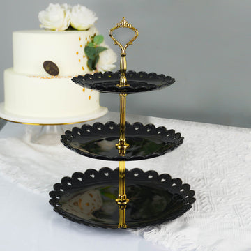 3-Tier Black/Gold Wavy Round Edge Cupcake Stand, Dessert Holder 13"