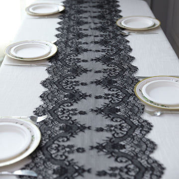 Black Premium Lace Fabric Table Runner: Vintage Classic Table Decor with Scalloped Frill Edges