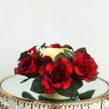 Elegant Black/Red Silk Rose Candle Rings for Stunning Event Decor