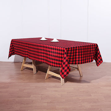 Black/Red Seamless Buffalo Plaid Rectangle Tablecloth, Checkered Polyester Linen Tablecloth 60"x102"
