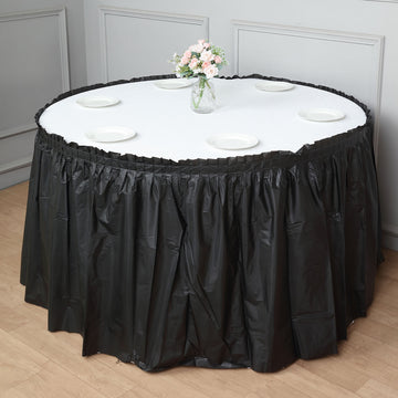 Black Ruffled Plastic Disposable Table Skirt, Waterproof Spill Proof Outdoor/Indoor Table Skirt 14ft