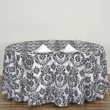 Black Seamless Round Velvet Flocking Design Taffeta Damask Tablecloth 120"