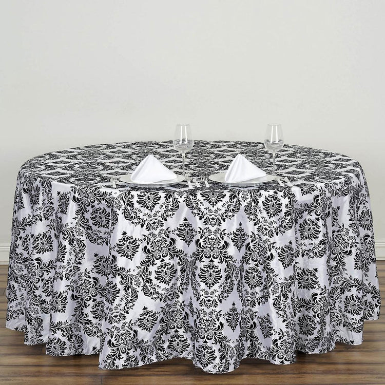 Round 120 Inch Black Velvet Flocking Design Taffeta Damask Tablecloth