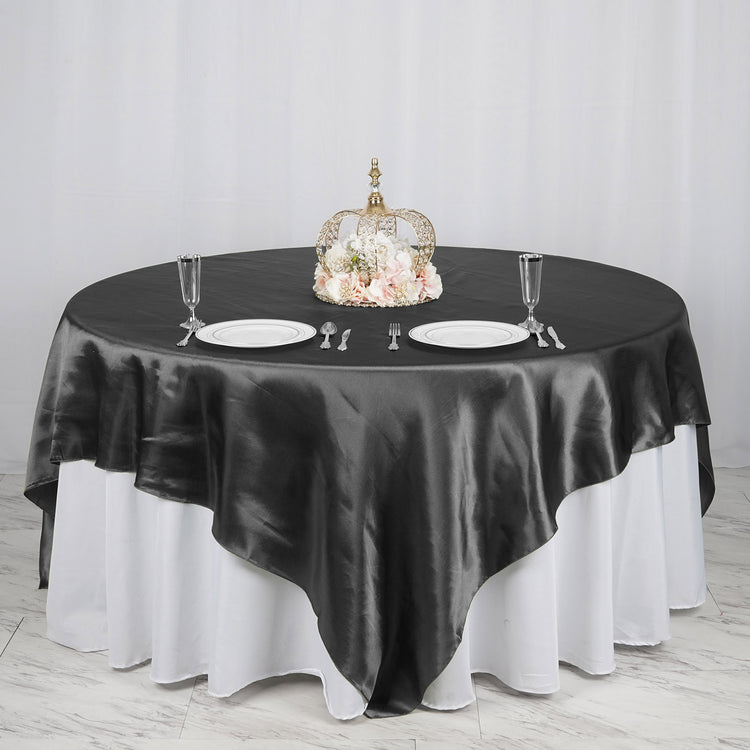 90 Inch x 90 Inch Black Seamless Satin Square Tablecloth Overlay