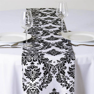 Elevate Your Event with the Black Taffeta Damask Flocking Table Runner