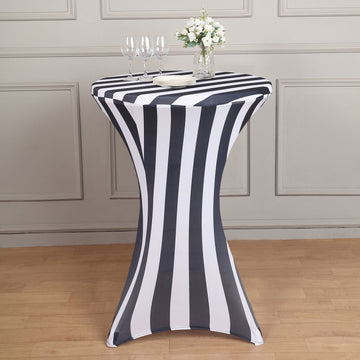 Elegant Black and White Striped Spandex Stretch Fitted Cocktail Tablecloth