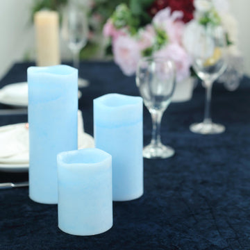 Set of 3 Blue Flameless LED Pillar Candles, Remote Operated Battery Powered 4", 6", 8"