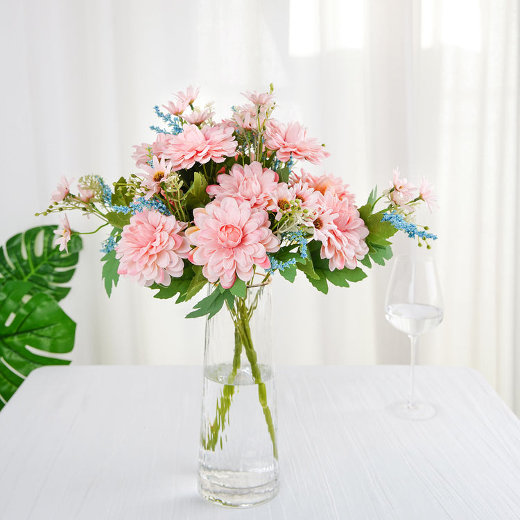 2 Bushes of Artificial Silk Dahlia Bouquet Spray in Blush and Blue