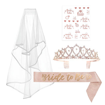 1 Set Rose Gold Bachelorette Party Decoration Supplies Kit, White Bridal Veil, Tiara Crown, Glittered Bride To Be Sash, & Stickers