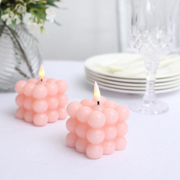 2 Pack Blush Flameless Decorative Bubble Candles, Warm White Flickering Battery Operated LED Cube Candles 2"