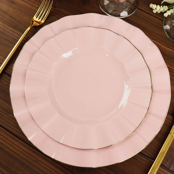 10 Pack Blush Hard Plastic Dinner Plates with Gold Ruffled Rim, Heavy Duty Disposable Dinnerware 9"