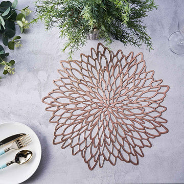 6 Pack Rose Gold Metallic Floral Vinyl Placemats, Non-Slip Round Dining Table Mats 15"