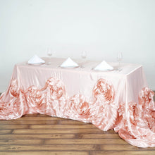 90 Inch x 132 Inch Blush & Rose Gold Large Rosette Rectangular Lamour Satin Tablecloth