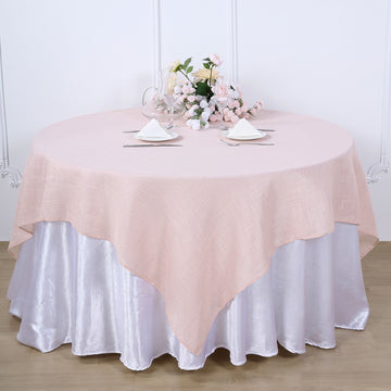 Blush Slubby Textured Linen Square Table Overlay, Wrinkle Resistant Polyester Tablecloth Topper 72"x72"