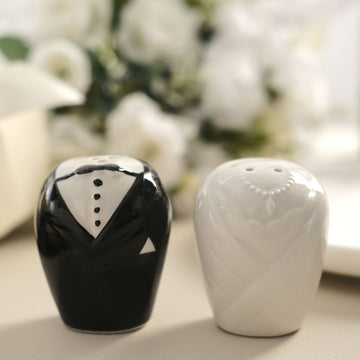 Elegant Black and White Bride/Groom Ceramic Salt and Pepper Shaker Set