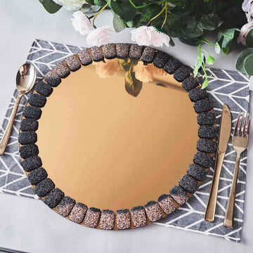 Bronze Glitter Jeweled Rim Glass Mirror Charger Plates - Add Elegance to Your Table