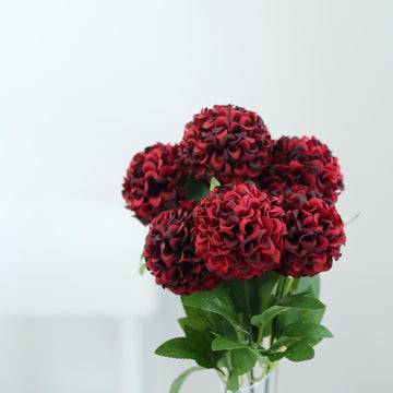 4 Bushes Burgundy Artificial Silk Chrysanthemum Flowers, Faux Mums