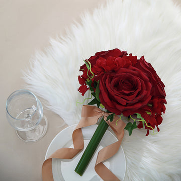 Add Elegance to Your Space with Burgundy Artificial Silk Rose and Hydrangea Flower Bouquets