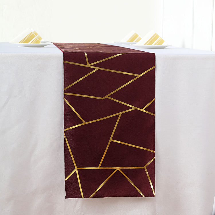 Burgundy with Gold Foil Geometric Pattern Table Runner 9 Feet