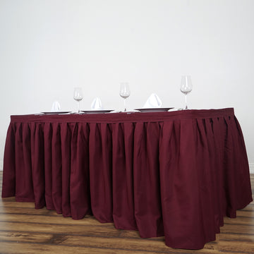 Burgundy Pleated Polyester Table Skirt, Banquet Folding Table Skirt 17ft