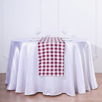 Burgundy / White Buffalo Plaid Table Runner, Gingham Polyester Checkered Table Runner 14"x108"