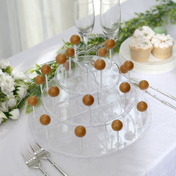 Clear 3-Tier Round Reusable Plastic Cake Pop Holder Cupcake Stand Dessert Tower With Floral Cut Rims 12 inch